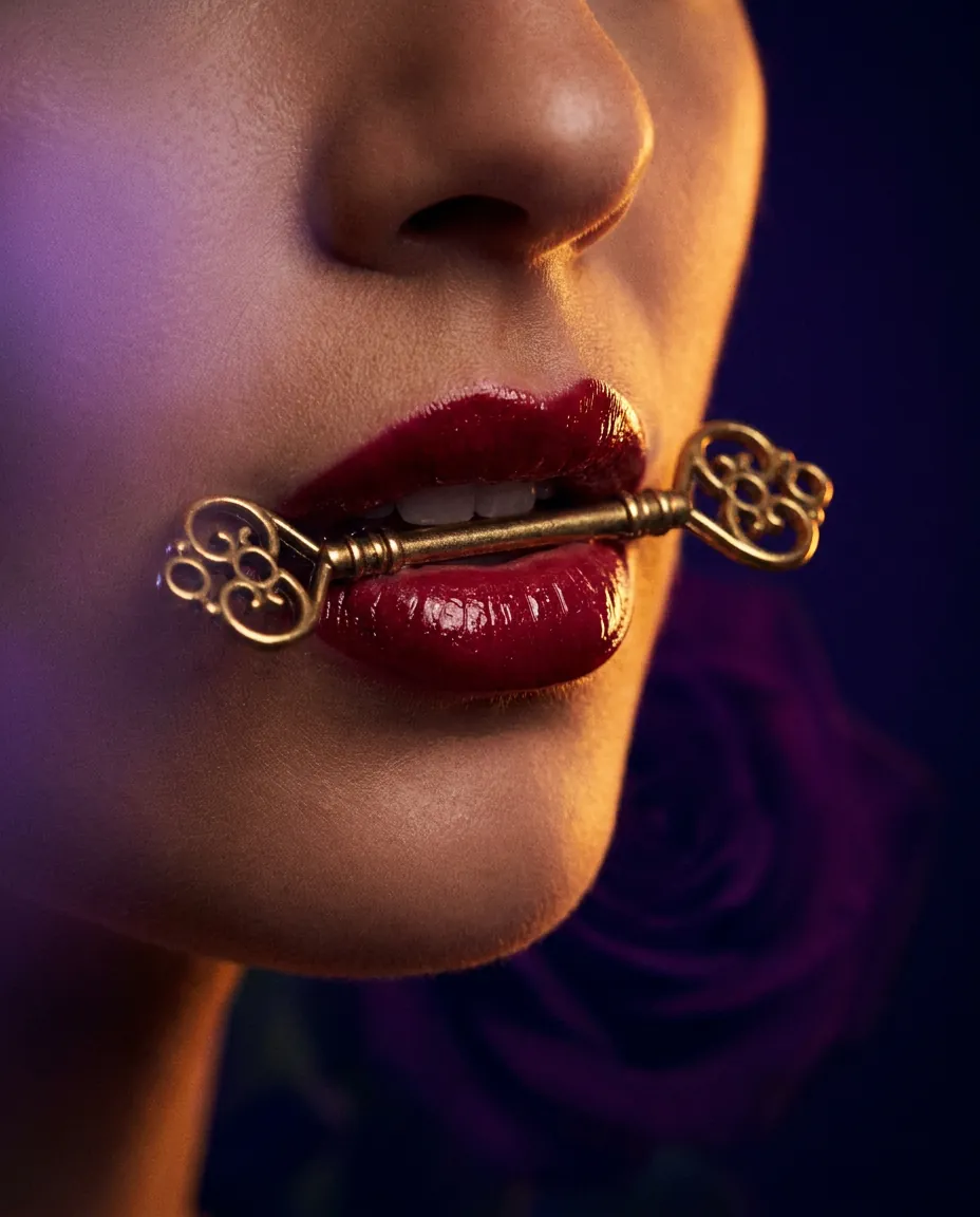 Crimson lips holding an ornate gold key