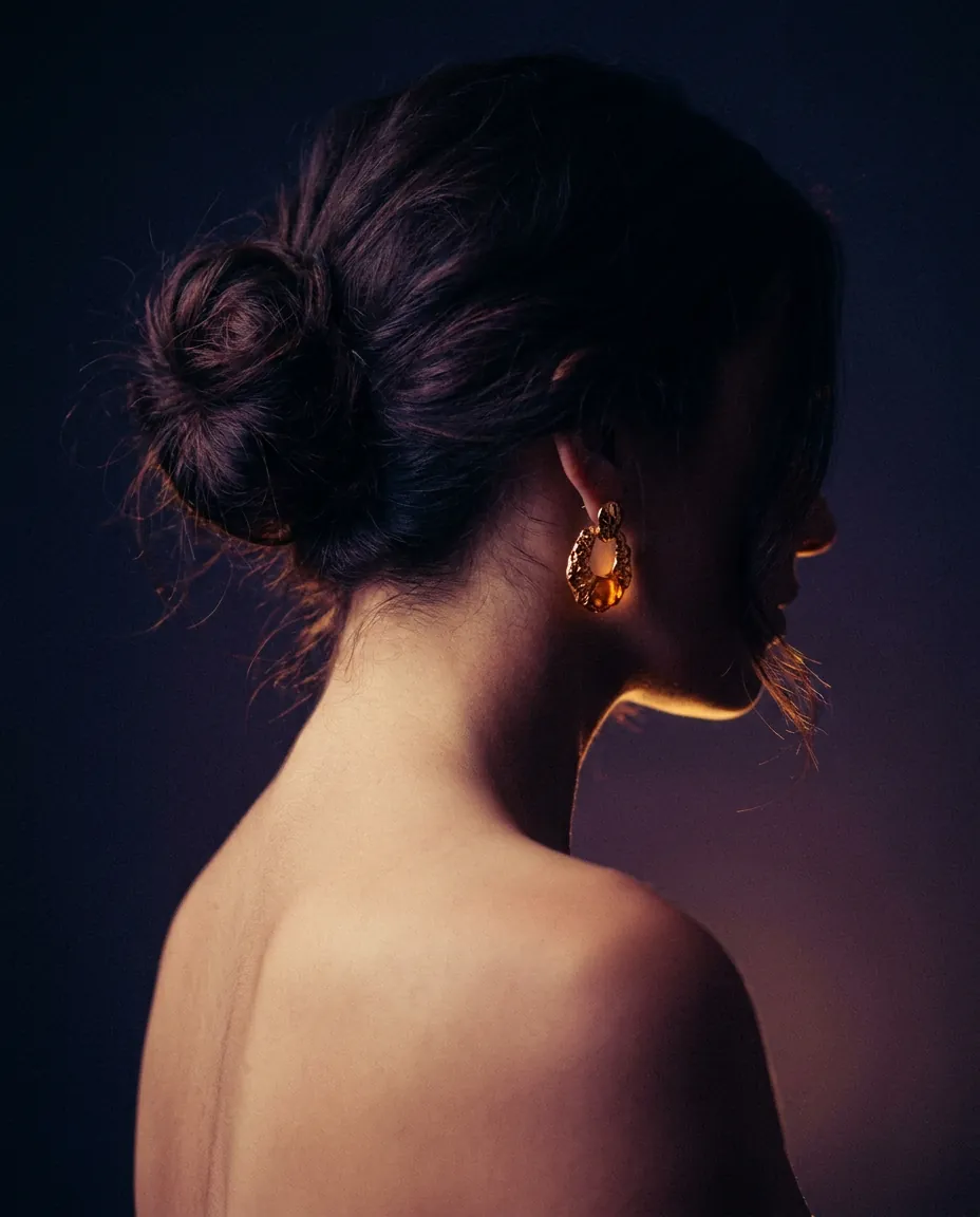 A bare shoulder and a gold earring in warm light